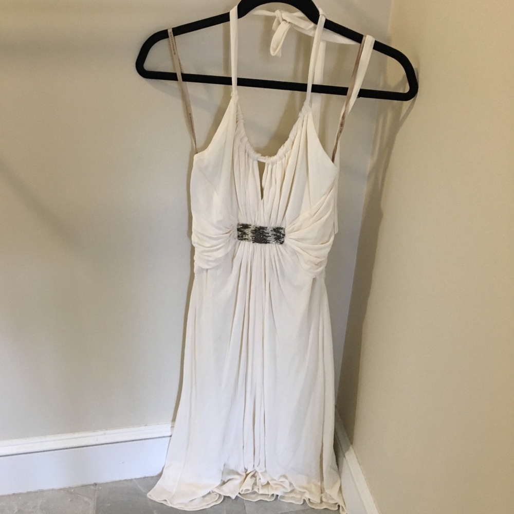BCBGMAXAZRIA White Ivory Beaded Halter Dress 0/2